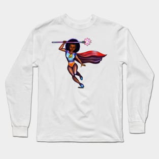 Black anime superhero girl from space with red cape ! beautiful  black girl with Afro hair, brown eyes, Cherry pink lips and dark brown skin. Hair love ! Long Sleeve T-Shirt